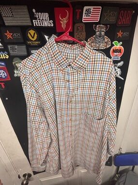 Men's Long-Sleeve Plaid Button-Down Shirt in Blue, Brown & White